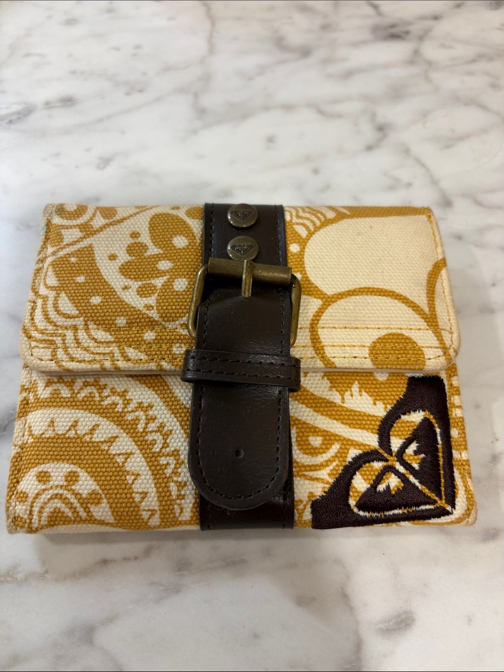 Roxy Yellow Paisley Canvas Wallet with Dark Brown Strap